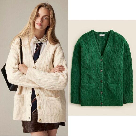 NWT J CREW Relaxed cable-knit cardigan in green - Picture 1 of 7